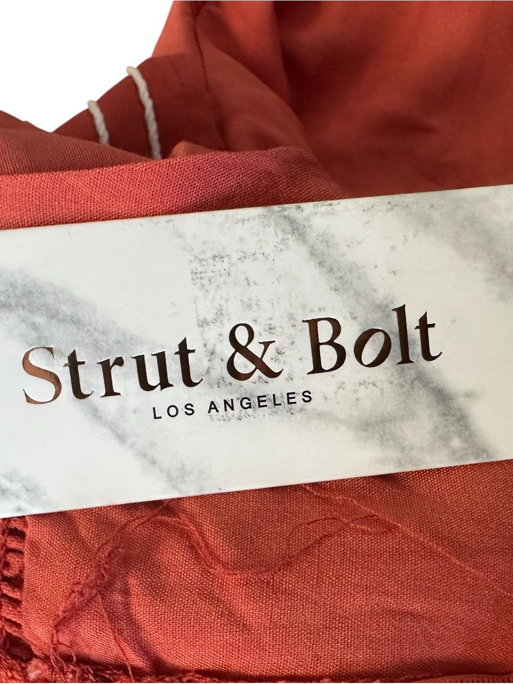 Strut & Bolt Off Shoulder Embroidered Linen Mini Dress Sz Small Terracotta Lined - Picture 12 of 13